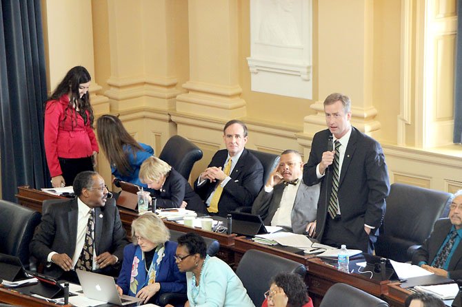 Del. David Bulova (D-37) addresses colleagues on the floor of the House of Delegates Monday, Feb. 18.