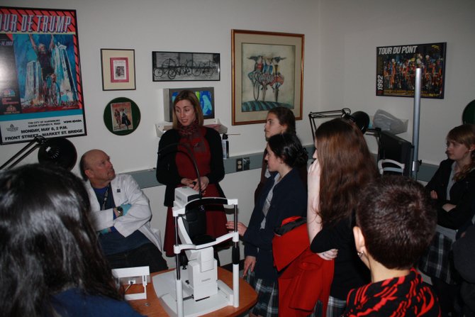 Students learn from Dr. Catherine Meyerle, staff clinician in the Division of Epidemiology and Clinical Applications at the National Eye Institute.
