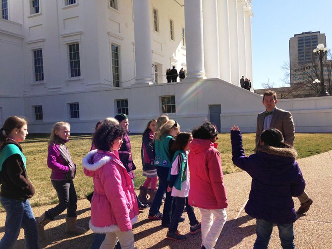 Sen. Chap Petersen (D-34) shows Vienna Girl Scout Troop #136 around the Virginia State Capitol Grounds on Monday, Feb. 18. 