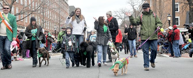 Dr. Katy Nelson and Capitol Heels co-owner Bobby Mahoney lead the dogs down King Street to start the annual parade.
