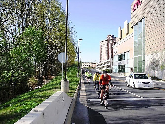 A group of local cyclists take advantage of the good weather during a ride to Tysons Corner. To find “bike-friendly” paths in Fairfax County, go to www.fairfaxcounty.gov/fcdot/bike/bikemap.