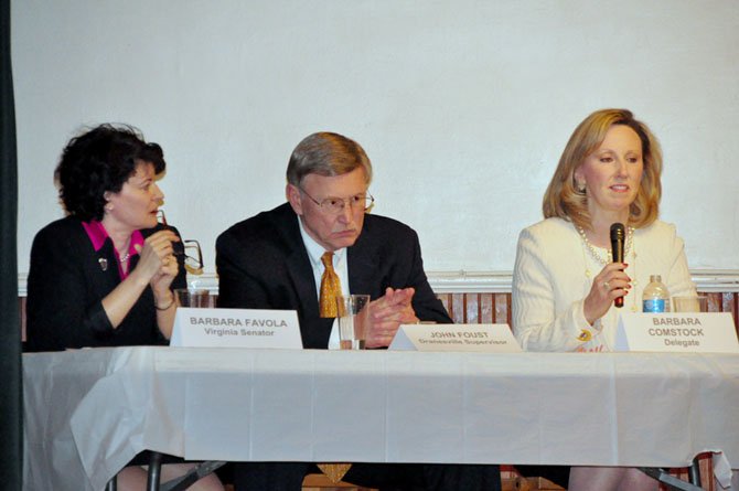 From left, State Sen. Barbara Favola (D-31), Fairfax County Supervisor John Foust (D-Dranesville) and Del. Barbara Comstock (R-34) speak at the Great Falls Grange Tuesday, March 12. 