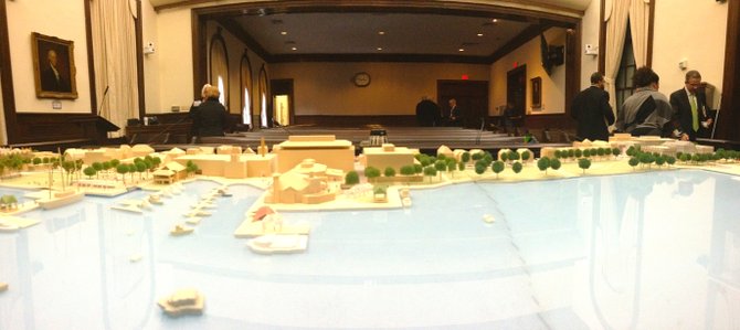 A model of the waterfront plan is displayed in City Council chambers.