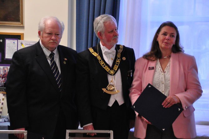 From left, Bill Tirrell, Grand Lodge of Virginia’s Grand Master Louis Campbell and Herndon Vice Mayor Connie Hutchinson. Tirrell and Hutchinson were awarded the Herndon Masonic Lodge’s Community Builders award Monday, April 1. 