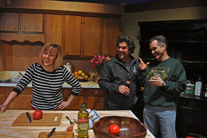 Melissa Dunlap as Karen, Michael Donahue as Tom and David Whitehead as Gabe in rehearsal for the Providence Players production of "Dinner With Friends."