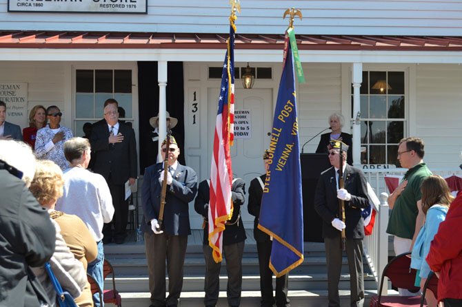 Members of the American Legion 17th District Honor Guard presented the colors at the Saturday, April 6, unveiling of the plaque at Vienna’s Freeman Store building marking its inclusion into the National Register of Historic Places.