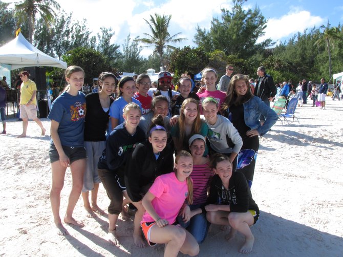 FCV 98 at the Bermuda Annual National Kite Festival. Left to right, back row: Gabriella Gordon of Fairfax, Allison Maliska of Loudoun, Quinn Rogers of Centreville, Katie Le of Centreville (local TV announcer), Casey Peterson of Clifton, Isabella Gordon of Fairfax, Randi Palacios of Vienna; third row: Kathleen Brumagim of Haymarket, Rebecca Crouch of Annandale, Kelsey Hamer of Centreville, Kaitlyn Small of South Riding; second row: Grace Mondloch of Clifton, Rachel Fischer of Clifton; first row: Abigal Rynex of Chantilly, Catherine Kwitnieski of Loudoun.