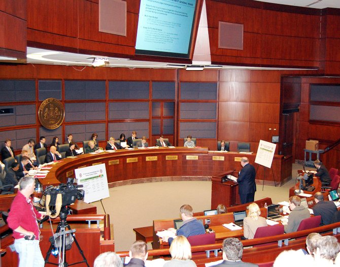 Media and the public attend the first FY2014 budget presentation by County Executive Edward L. Long, Jr. on Feb. 26.