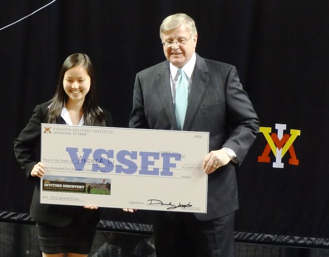 Virginia Secretary of Technology James D. Duffey presented Vienna student Andrea Shao-yin Li the Governor’s Award and Grand Prize First Place at the 28th Annual Virginia State Science and Engineering Fair held April 6 at Virginia Military Academy in Lexington. 