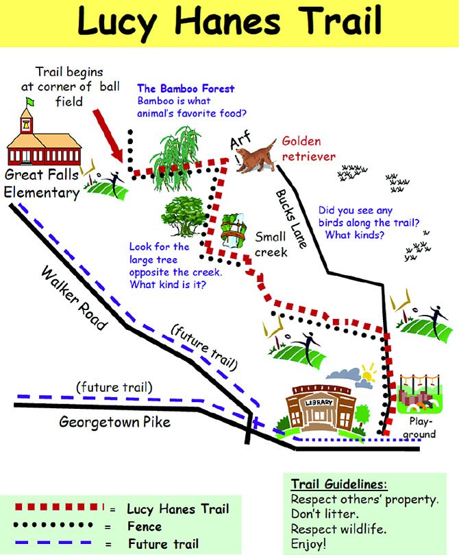 Great Falls residents are invited to walk the 0.33-mile trail from the elementary school to the library parking lot to The Great Falls Grange Park—about a 10-minute walk.