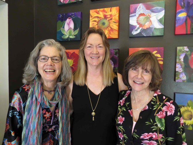 The three artists in the show "Blooming” at the Art Gallery of Potomac are (from left) Dot Proctor, Karul Lasher and Ruth Marcus. 