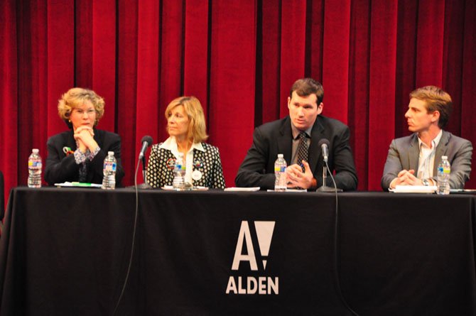 From left, Karen Marangi of Mayors Against Illegal Guns, Martina Leinz, president of the Northern Virginia Chapter of the Million Mom March, Colin Goddard, assistant director of the Brady Center and survivor of the Virginia Tech shooting, and Peter Ambler, former legislative aide to former Congresswoman Gabrielle Giffords and strategic director of Americans for Responsible Solutions, speak at the Alden Theatre Monday, May 8. 
