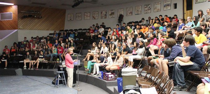 Rocky Run Middle School students listen to author Priscilla Cummings.