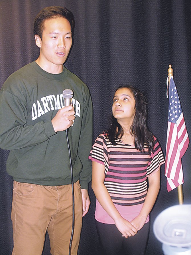 Joon Cho, former Greenbriar West student, is interviewed by sixth grader Sneha Gyawali on WGBW.
