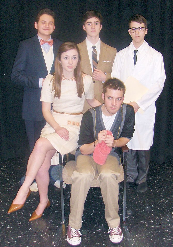 In character for Westfield’s “Flowers for Algernon” are (back row, from left) Alex Mann and brothers Brandon and Julian Sanchez and (front, from left) Madeleine Bloxam and Mitchell Buckley.