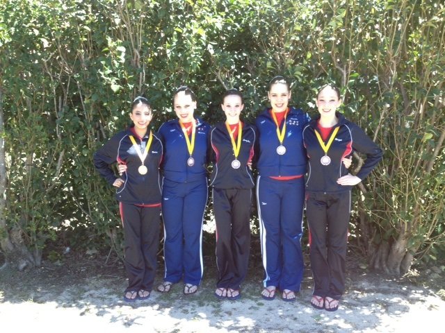 Monica Olivo, Connie Polnow, Jackie Hafner, Mikaela Voegele and Margot Baden, members of the Nereids Northern Virginia Synchronized Swim Team, which will go to Riverside, Calif., at the end of June for the Age Group National Synchronized Swimming competition after placing at the May 3-5 regional Washington, D.C. competition.