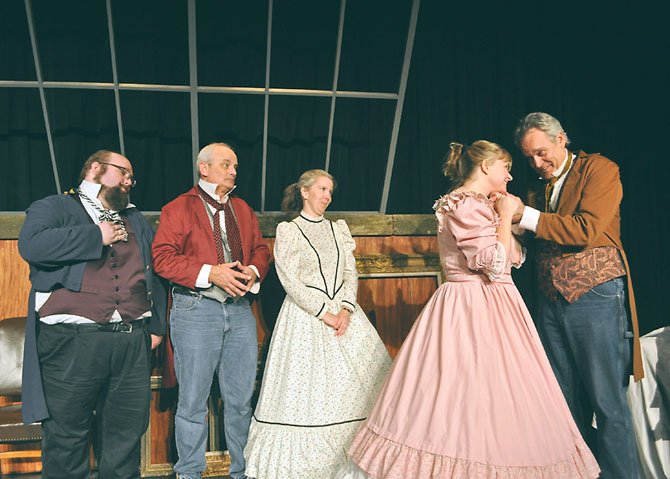 From left—Thane Tuttle (Dutchy), Craig Geoffrion (Chicago), Danine Welsh (Cecile), Liz Mykietyn (Marie) and Patrick David (Millet) in rehearsal for the PPF comedy production of Mark Twain’s “Is He Dead?”