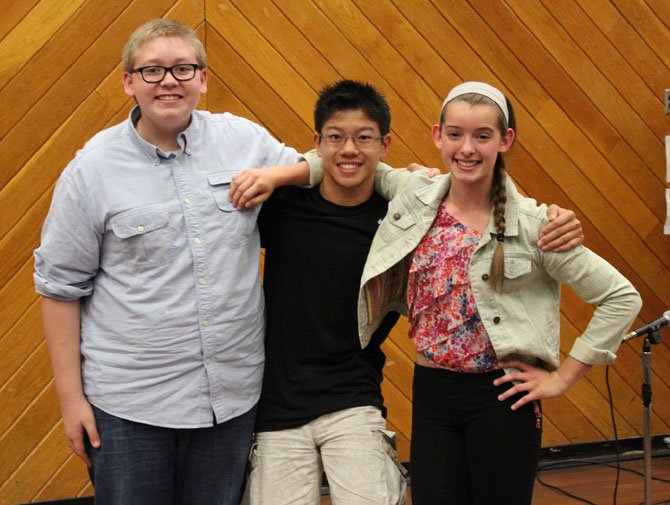 Rocky Run’s humorous poetry winners are (from left) Charlie Flynn, first place; Kalvin Yuan, second; and Sydney Suarez, third.