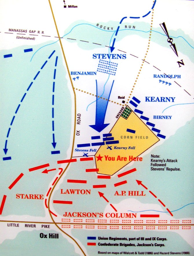 A map of the Battle of Ox Hill. Union generals’ names are in blue; Confederate generals, in red.

