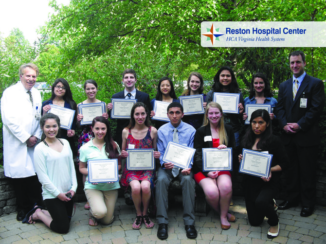 Reston Hospital Center Scholarship recipients are, from left: (first row) Brittany Wilkins, Jona Qori, Jenna Frawley, Tommy Reyes, Hanna Mitchell and Jocelyn Albarracin; and (second row) Gary Fialk, Priscilla Fiores, Madeline Farmer, Jon Hochstein, Jenny Chau, Melissa Guidry, Debbie Ledezma, Margaret Sabo and John Deardorff.