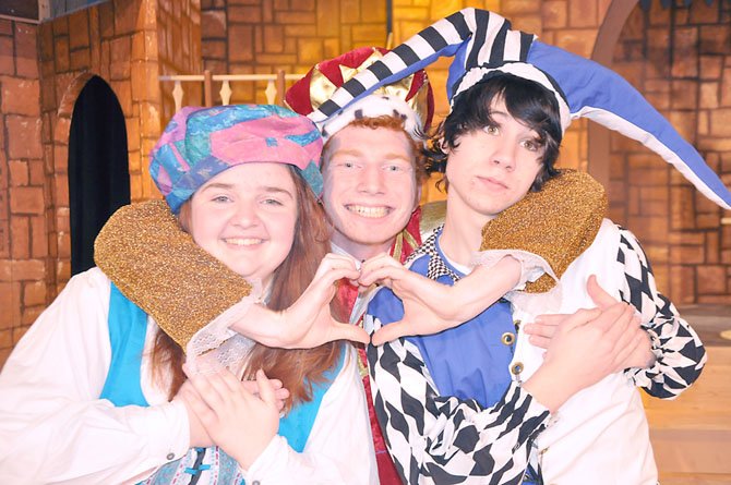 (From left) the minstrel (Taylor Kiechlin), king (Brendan McAlevy) and jester (Jacob Rozmajzl) are a happy trio in “Once Upon a Mattress.”