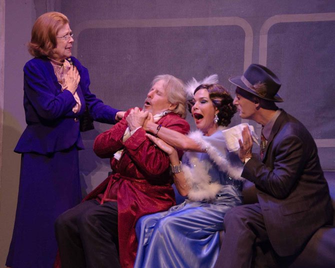 Kathy Fannon (Ida Webb), David James (Oscar Jaffe), Margaret Bush (Lily Garland), and James McDaniel (Owen O’Malley) in The Little Theatre of Alexandria’s production of “Twentieth Century,” running through June 29.