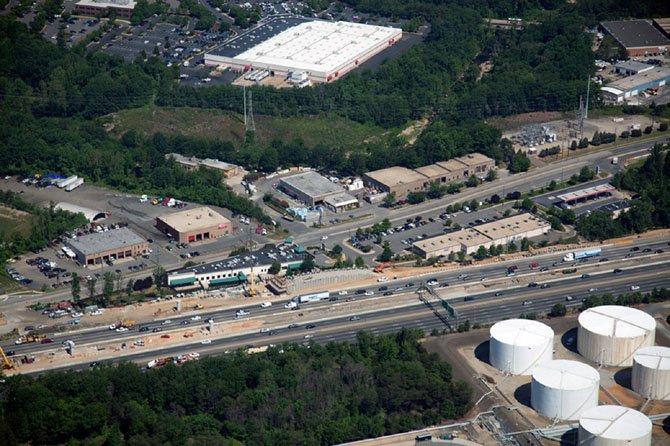 Looking west over I-95 and Alban Road south of Springfield, a new ramp is going up to carry traffic to and from the 95 Express Lanes 