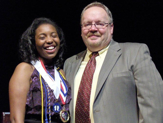 Binta Barry with Theater Director Mike Hudson. She received the Theater Department Thespian Medallion, was selected Best Actress and Comic Female. She also received a Drama Boosters Scholarship and will attend Longwood University.