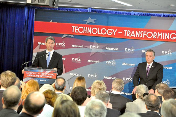 From left, Virginia gubernatorial candidates Ken Cuccinelli  and Terry McAuliffe address members of the Northern Virginia Technology Council Thursday, June 20. 