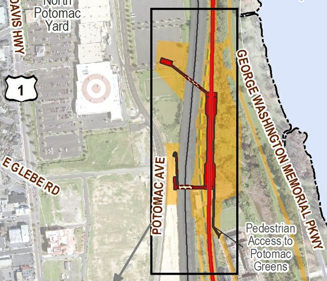 Alternative B is between the George Washington Memorial Parkway and the CSXT Railroad, north of the Potomac Greens neighborhood, east of the existing Potomac Yard Retail Center and the CSXT right-of-way. The station would be at-grade, with a side platform layout. Additional station facilities include two pedestrian bridges from the station over the CSXT right-of-way to the planned development in Potomac Yard as well as a pedestrian bridge over the proposed Metrorail alignment to provide access to the Potomac Greens and Old Town Greens neighborhoods.