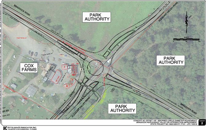 VDOT’s choice to improve the Braddock/Pleasant Valley roads intersection is a roundabout with the center shifted southwest.