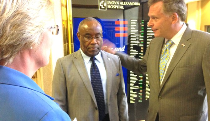 Inova Alexandria CEO Christine Candio, left, and Alexandria Mayor Bill Euille, center, welcome former Democratic National Committee Chairman Terry McAuliffe to Inova Alexandria Hospital. 