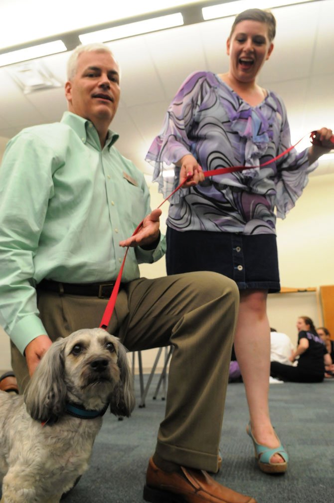 Bubbles the dog stars as Rufus along with Jim Clancy as UPS driver Kyle O’Boyle and Meghan Smith as Paulette the manicurist in the Encore Stage and Theatre production of ‘Legally Blond.’