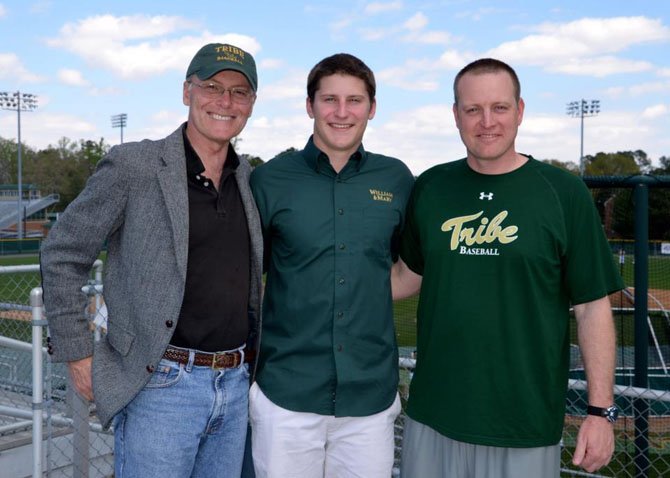 John Yoest (center), a 2013 Yorktown High School graduate, will play baseball at the College of William and Mary. Also pictured are Yoest’s father, Jack Yoest (left), and William and Mary baseball coach Jamie Pinzino.