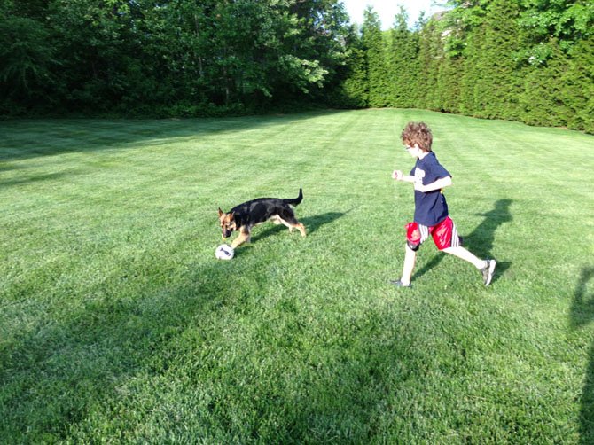 Declan playing soccer with Duchess. More stories on people and pets in this week’s Connection.
