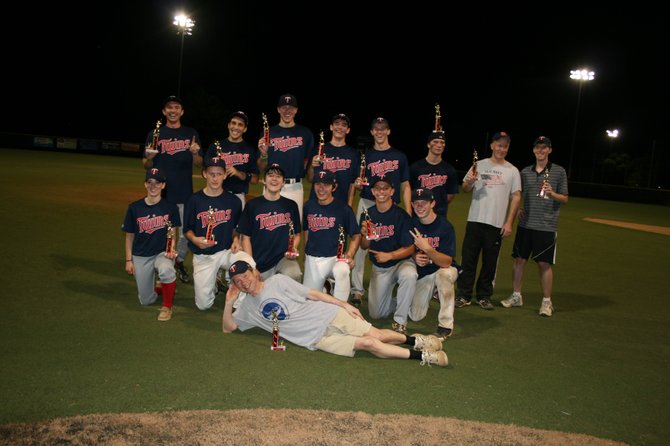 Back row: John Nothaft, Harris Kaserman, Matt Livingston, Jeff Cazenas, Nick Grisius, Kalib Ashcraft, coach Steve Nugent, coach Dan Cazenas; front row: Caroline Harris, Cal Brown, Bradley Cazenas, Erik Hall, Nick Brunori and Steven Nugent; lying down is manager Frank Nothaft. Not pictured are Kevin Lawton and Michael Wascom.