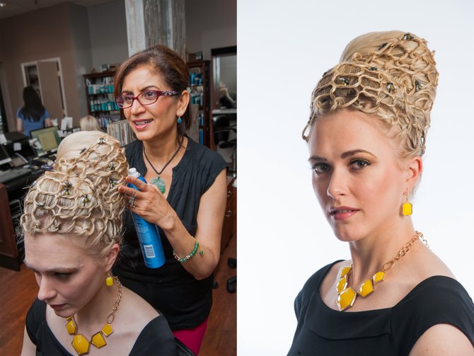 Millie Singh, owner of Tangles Hair Salon and Spa and a hair and makeup artist, created a 1960s beehive updo in honor of upcoming National Honey Bee Day, Aug. 17. Model Kathryn Farenish wears the style to be provided free for those who visit the salon from noon-3 p.m. Saturday, Aug. 17. Nail treatments and makeup will also be available.