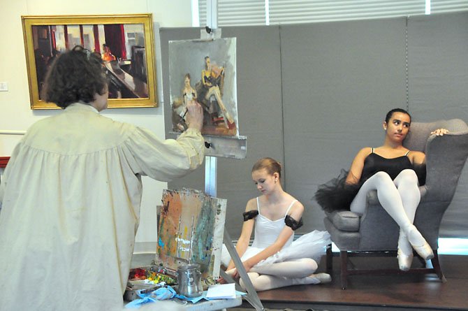 Artist Jill Banks paints, from left, Sydney Parks and Dylan Murphy, students from the School of Theatrical Dance, at the Great Falls Library Saturday, Aug. 10. 