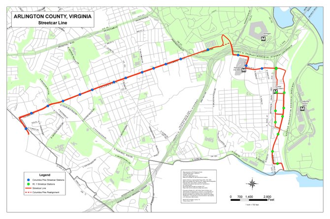 This map show how the Columbia Pike streetcar will extend into Fairfax County along Jefferson Street.