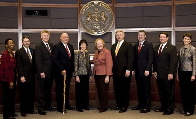 From left to right: Catherine M. Hudgins (D-Hunter Mill District); Michael R. Frey (R-Sully District); John C. Cook (R-Braddock District); Gerald W. Hyland (D-Mount Vernon District); Sharon Bulova (D-chairman, at-large); Penelope A. Gross (D-Mason District, vice chairman); John W. Foust (D-Dranesville District); Jeffrey C. McKay (D-Lee District); Pat Herrity (R-Springfield District); Linda Q. Smyth (D-Providence District). Board members are elected for four-year terms. There is no legal limit to the number of terms a member can serve. Each board member, including the chairman, receives annual compensation of $75,000 per year. For more information on the BOS, go to http://www.fairfaxcounty.gov/government/board/about-the-board-of-supervisors.htm.
