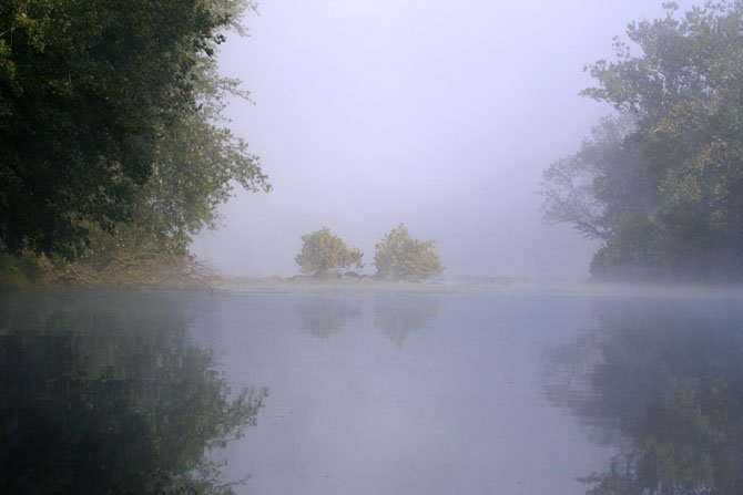 When you are sitting in a boat just 2-3 feet above the surface of the water floating by islands and underneath overhanging trees reflections seem to come at you from every direction. One morning as Ethan guided the boat around the end of one island I caught this image. I particularly like the symmetry in the positioning of the islands, the trees and their reflections all bathed in fog.
