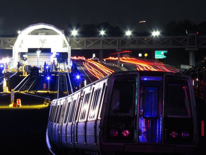 Nighttime testing along the Silver Line: Eastbound train leaving the Wiehle-Restom East Metrorail Station. 