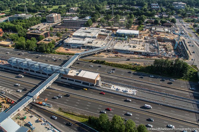 An aerial view of the Wiehle Avenue station, and the Reston Station development. 