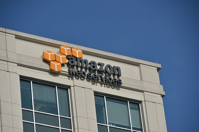 Sign of the Amazon AWS building at 12900 Worldgate Drive in Herndon, Virginia. 
