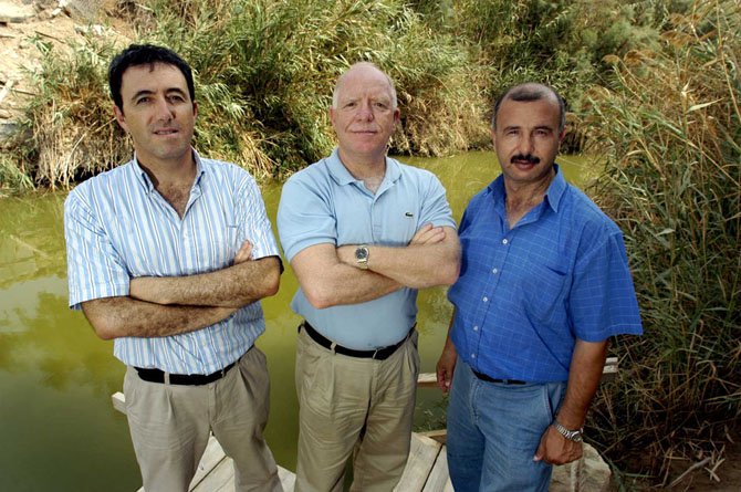 The three co-directors of Friends of the Earth Middle East on the banks of the Jordan River. From left: Gidon Bromberg (Israel), Munqeth Meyhar (Jordan) and Nader Al-Khateeb (Palestine).
