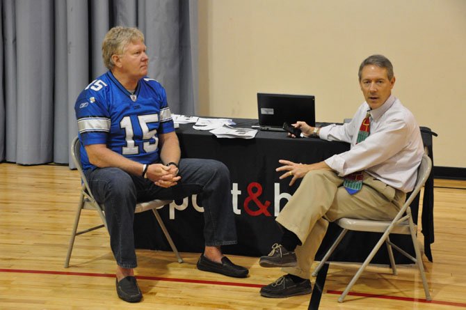 From left, former NFL player John Stufflebeem and Dr. Gerald Gioia, chief of the Division of Pediatric Neuropsychology at Children’s National Medical Center, discuss concussions and their effects at Worldgate Sport and Health Tuesday, Sept. 10. 