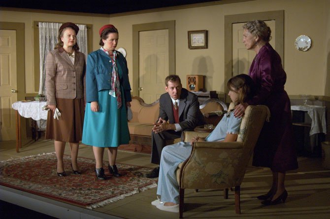 Chelsey Magli (Martha Dobie), Michelle McBeth (Karen), Ric Anderson (Dr. Joseph Cardin), Katelyn Wattendorf (Mary Tilford) and Carole Steele (Mrs. Amelia Tilford) in “The Children’s Hour.”