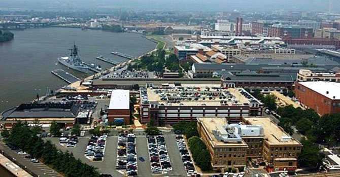 An undated file photo of an aerial view of the Washington Navy Yard.
