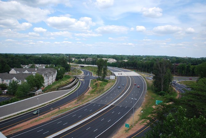 An aerial view of the new Fairfax County/Fair Lakes Parkway interchange, plus the widened section of the Fairfax County Parkway.