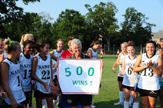 St. Stephen's & St. Agnes field hockey coach Marsha Way reached 500 career victories on Sept. 10 after the Saints defeated Good Counsel.